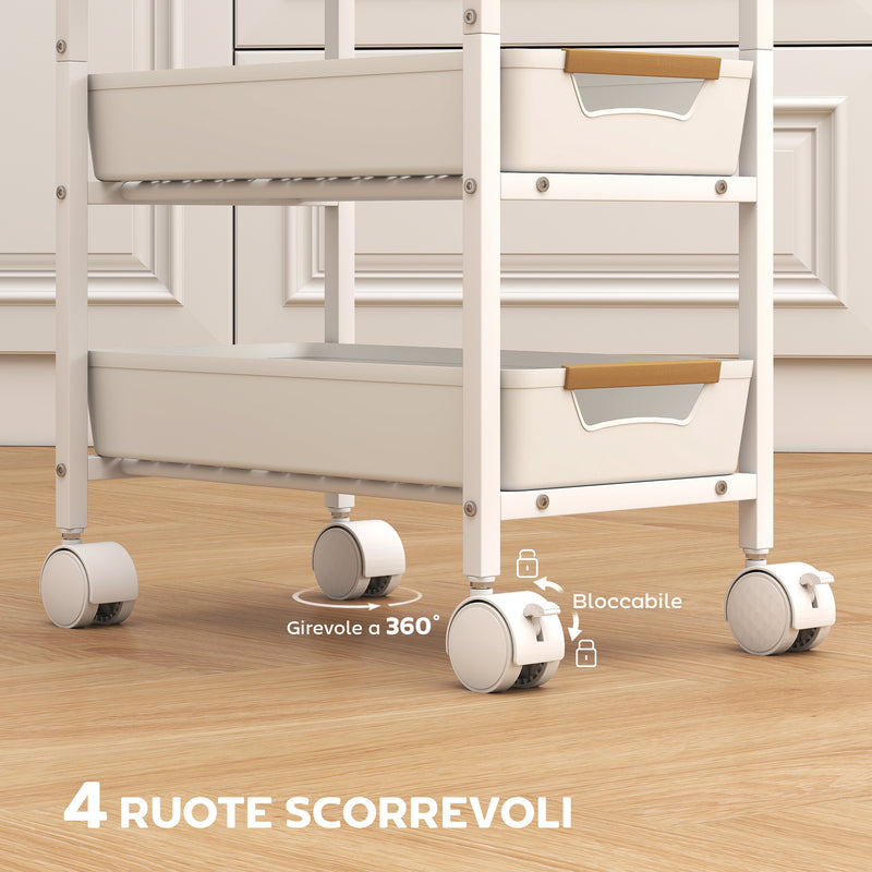 Carrello da Cucina a 5 Livelli 39,5x24x82 cm con 4 Cesti Estraibili in PP e Legno Bianco  