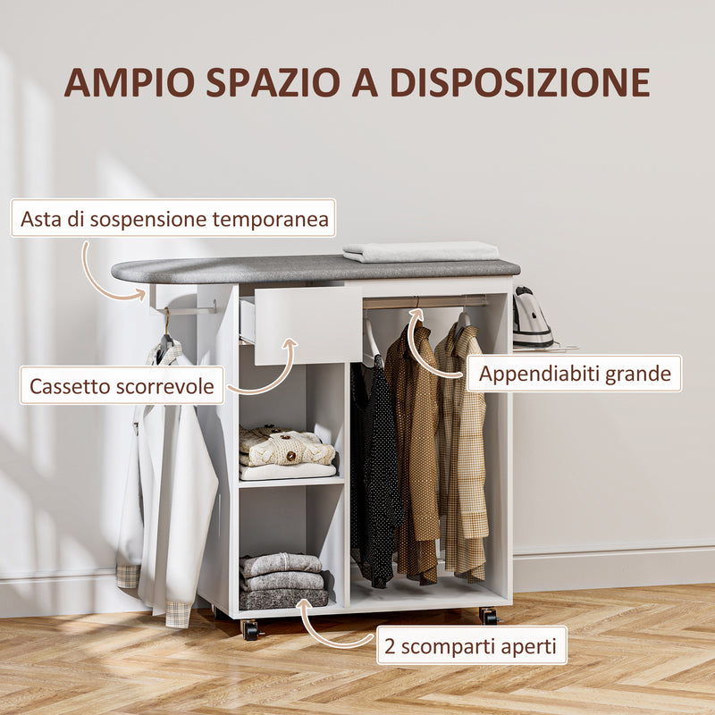Mobile Asse da Stiro 125x43,5x112 cm con Ruote Barra per Abiti e Ripiani Bianco  