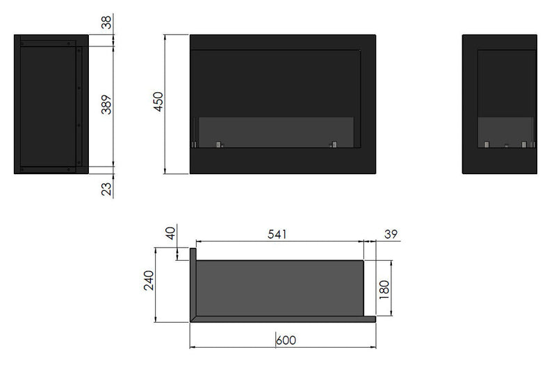Camino a Bioetanolo da Incasso 60x45 cm  Corner 600 Right Nero