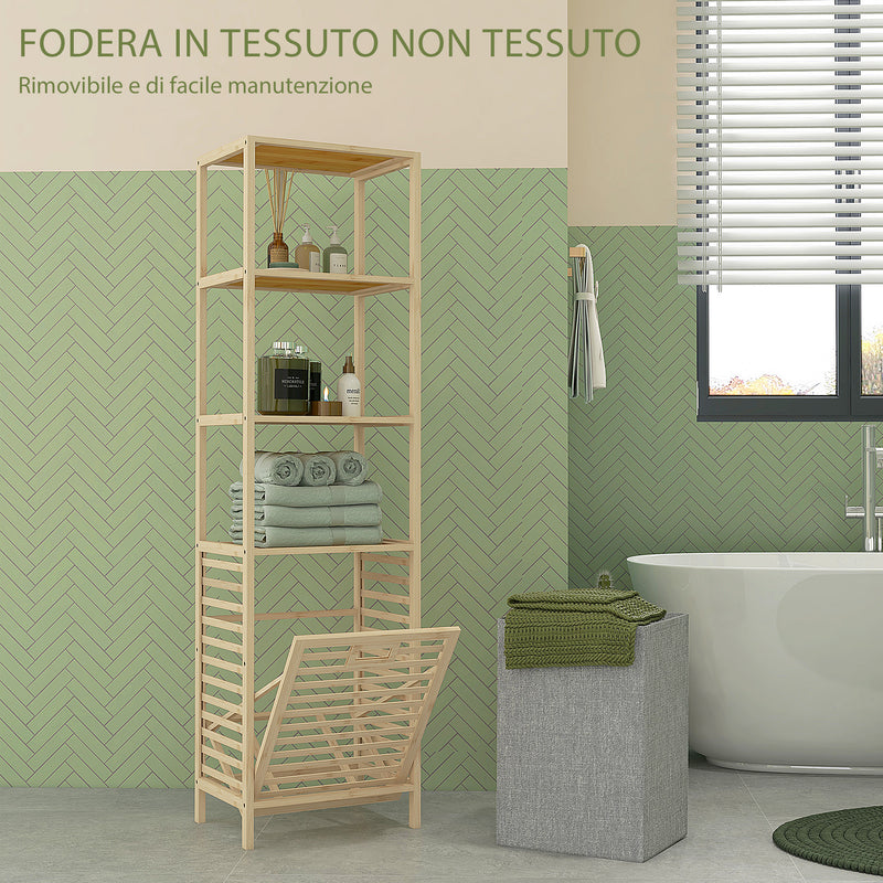 Colonna Bagno con 3 Ripiani e Cesto Portabiancheria in Tessuto 44x33x160 cm in Legno di Bambù 