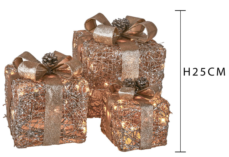 Pacchi Dono 3 Pezzi con 65 Led in Rattan Champagne