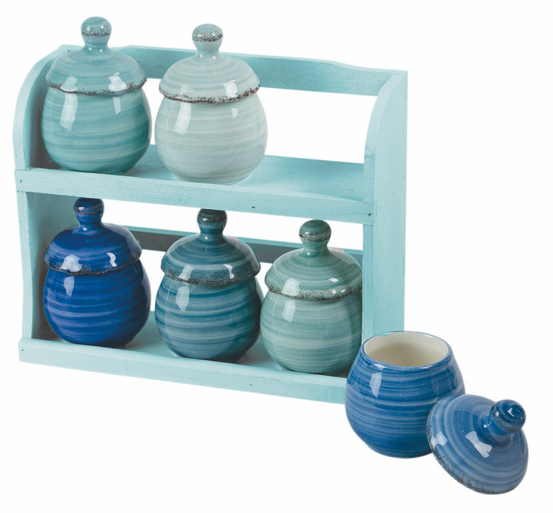 Set 6 Barattolini in Ceramica con Stand in Legno VdE Tivoli 1996 Baita