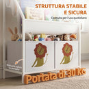 Libreria Montessoriana per Bambini 3-8 Anni 60x30x76 cm con 4 Ripiani e 2 Contenitori con Stampa di Leone in Truciolato Bianco      