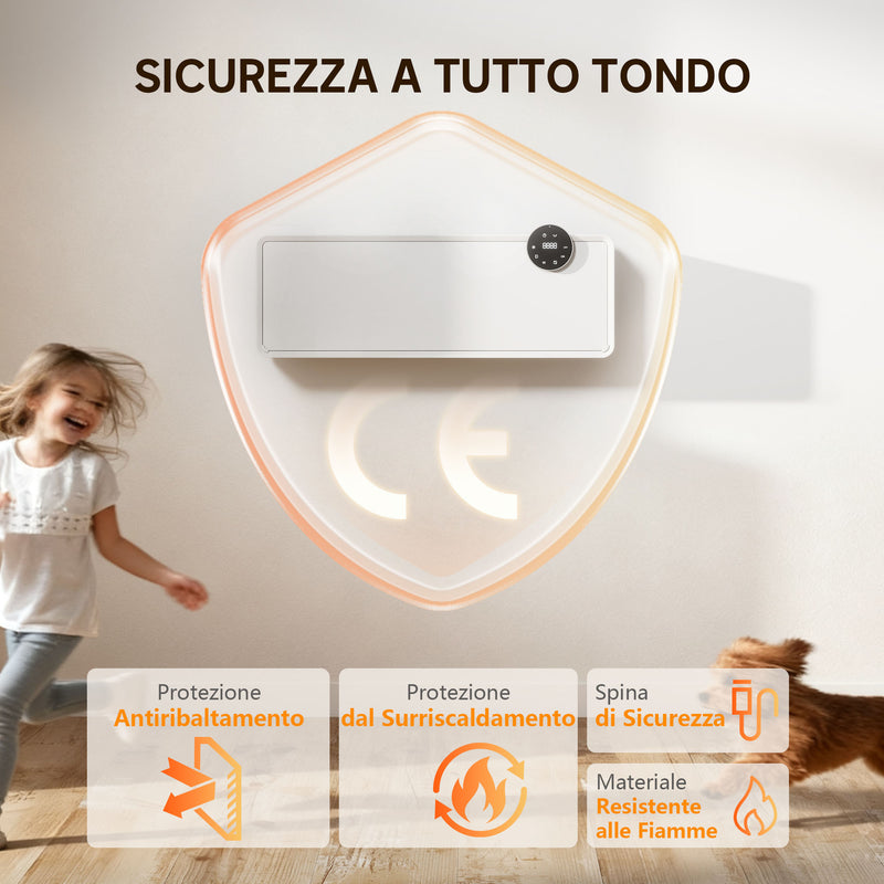 Stufa Elettrica Ceramica PTC 2000W a Parete con 3 Modalità Riscaldamento Regolabile Timer e Telecomando Bianco      