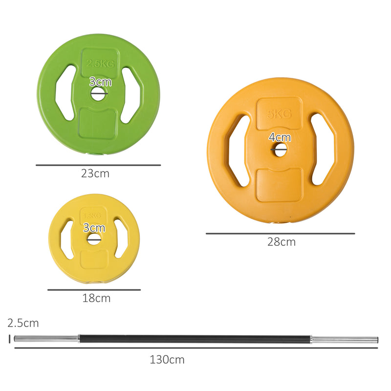 Set Bilanciere e Dischi da 20Kg Totali  6 Pesi 2 Clip di Fissaggio e Presa Antiscivolo in Metallo e PU Multicolore   