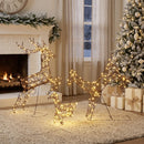 Set 3 Renne di Natale Luminose da Esterno Alte 120 cm con 200 LED Bianco Caldo 8 Modalità e Timer in Metallo e Rattan PP Marrone      