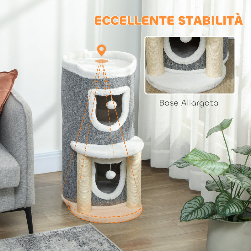 Albero Tiragraffi per Gatti Alto 76 cm con Casette Lettino Palline e Pali in Sisal Grigio      