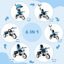 Triciclo Passeggino per Bambini con Maniglione 95x50x106 cm con Cintura di Sicurezza Blu  