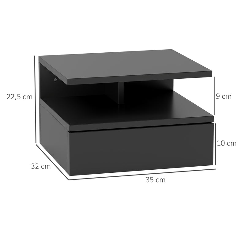 Comodino Sospeso per Camera da Letto 35x32x22,5 cm con Cassetto in Legno Nero  