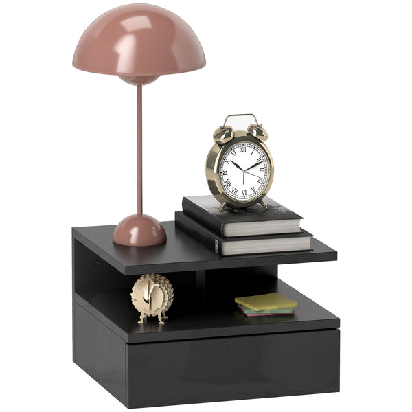 prezzo Comodino Sospeso 35x32x22,5 cm con Cassetto e Ripiano Aperto in Legno Nero Lucido