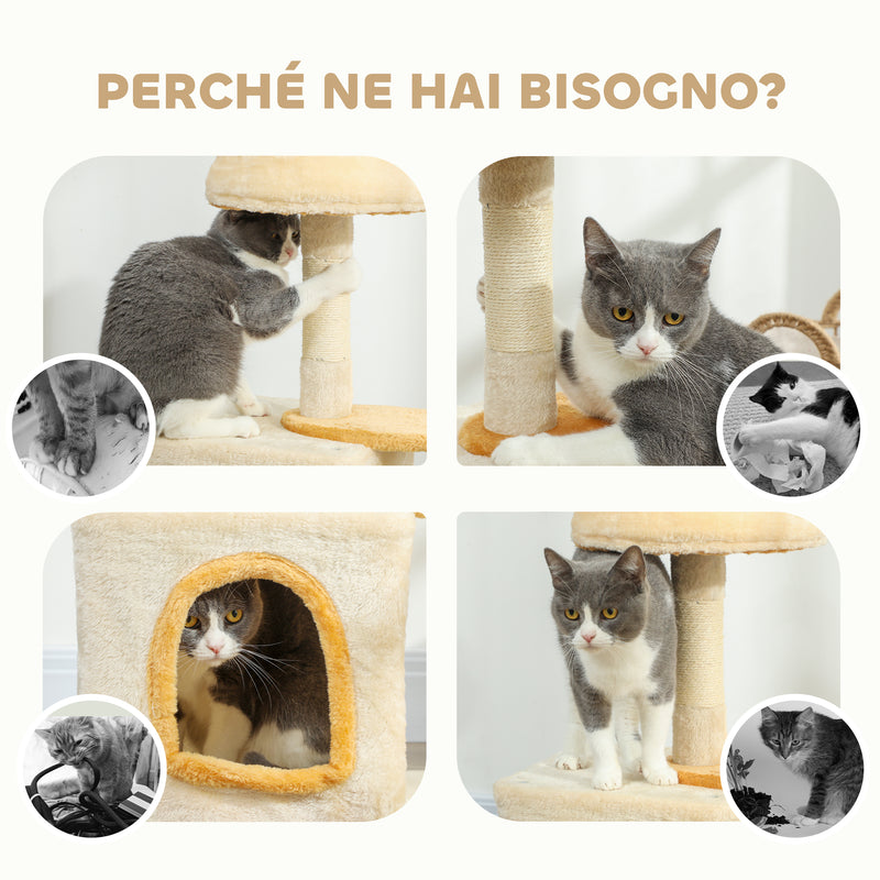 Albero Tiragraffi per Gatti con Cuccia 40x30x72cm in Sisal e Peluche Beige Giallo      