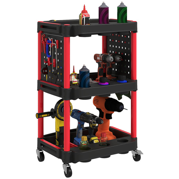prezzo Carrello Porta Attrezzi a 3 Livelli 56,5x47,5x89 cm con Pannello Forato Laterale in Plastica Nero e Rosso
