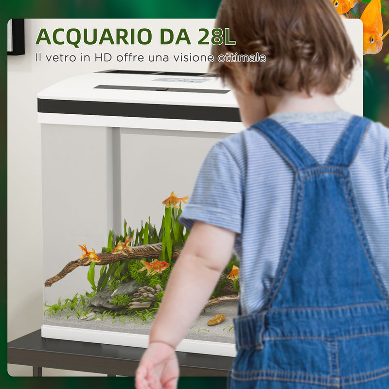 Acquario 28L a Illuminazione LED 38x26x38 cm con Fori di Ventilazione e Pompa in Vetro e ABS Bianco  