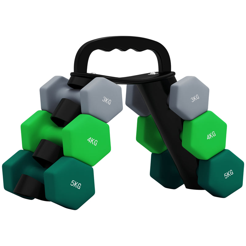 Set 6 Pesi Manubri con Supporto Coppie da 3-4-5 Kg in Metallo Verde e Nero   