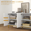 Credenza Moderna 4 Ante con Chiusura Ammortizzata e Mensole Regolabili 140x40x75 cm in Truciolato e Metallo Bianco e Oro