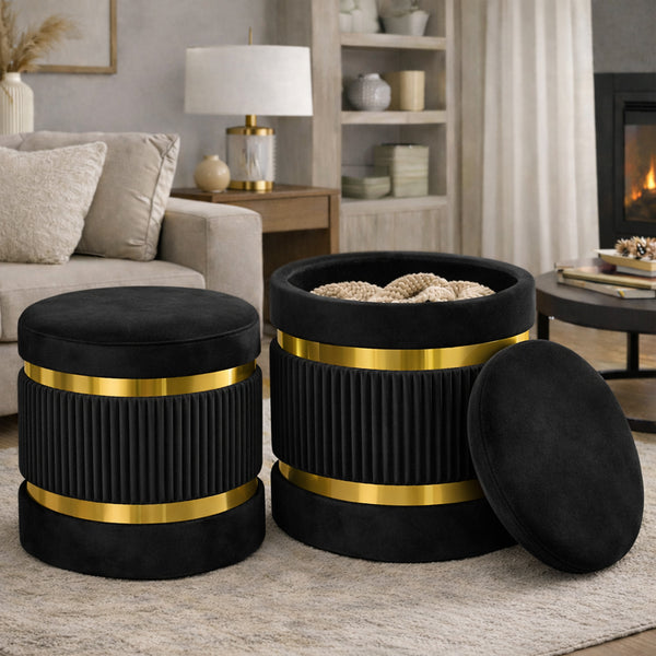 sconto Set 2 Pouf Contenitore Ø 38x44 cm e Ø 31x38 cm con Rivestimento Velluto Nero