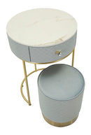 Comodino Toeletta con Puff Vellit Celeste Ø52x70 cm - Ø36x39 cm in Pino e MDF e Metallo      