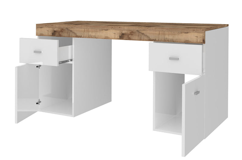 Scrivania 2 Ante 2 Cassetti 130x60x75 cm Sliding Bianco Lucido e Acero Pereira