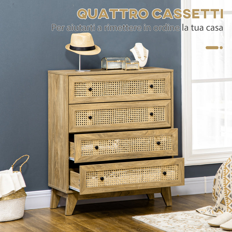 Cassettiera con 4 Cassetti in Stile Boho 80x35x95 cm Inserti in Rattan color Legno   