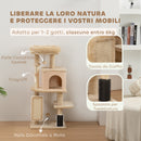 Albero per Gatti Multilivello Alto 132 cm con Casetta Lettino Pali Tiragraffi Spazzola e Pallina Beige      