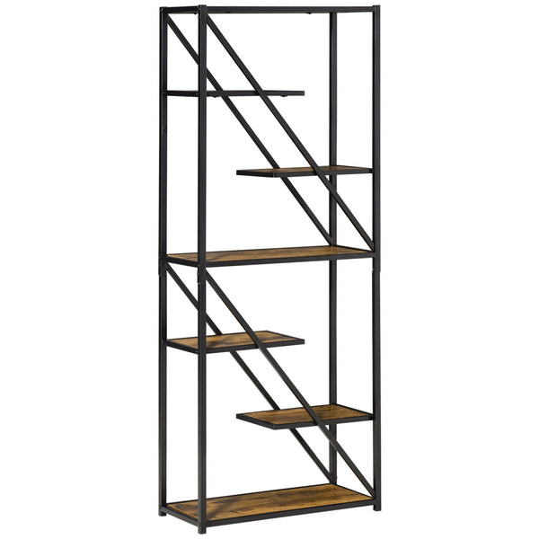 sconto Wandbücherregal 6 Regale 64x30x165 cm aus Spanplatte und braunem und schwarzem Metall