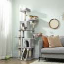 Albero Tiragraffi per Gatti 48x40x177 cm con 2 Casette 2 Lettini Trespolo e 2 Palline Grigio Chiaro e Beige      
