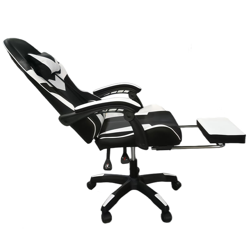 Sedia da Gaming Ergonomica con Poggiapiedi e Cuscini in PVC Bianco e Nero      