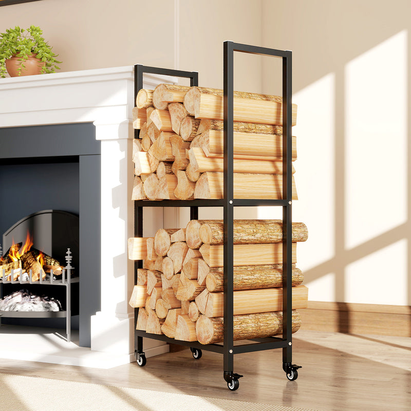 Portalegna da Esterno e Interno 60x30x119 cm a Due Livelli con Ruote in Acciaio Rinforzato Nero      