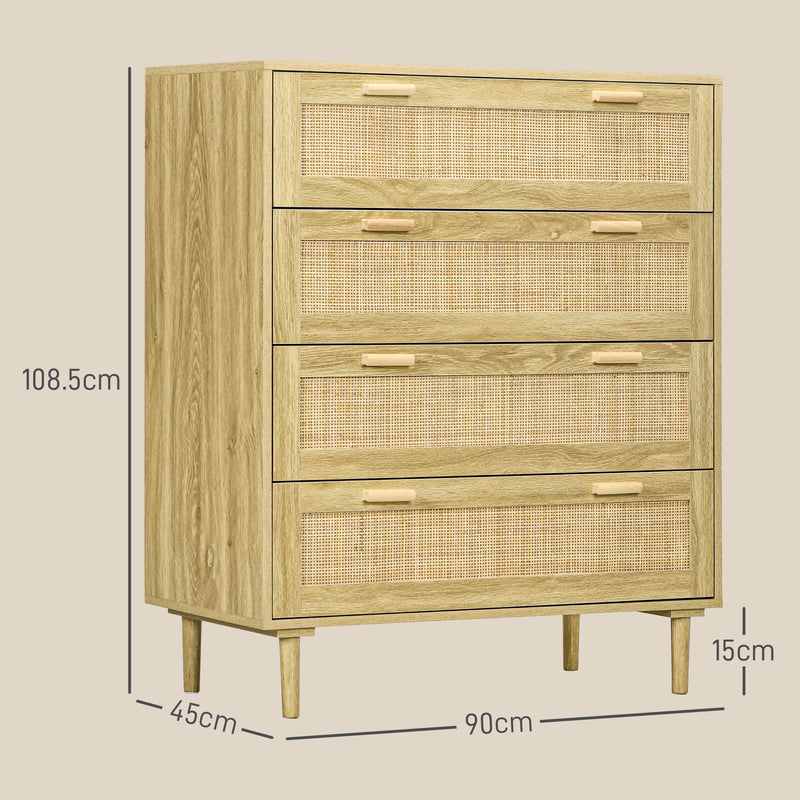 Cassettiera 4 Cassetti Stile Boho 90x45x108,5 cm in Legno e Rattan Rovere 