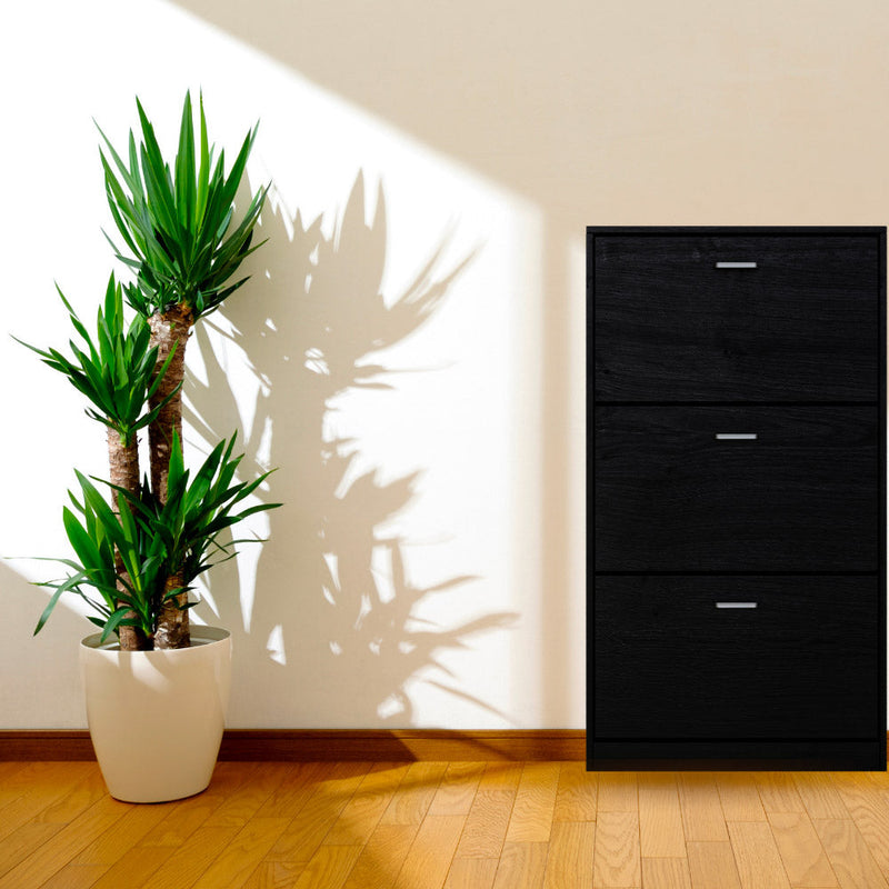 Scarpiera Salvaspazio 3 Ante a Ribalta 63x24x115 cm in Melaminico Venato a Rilievo Nero