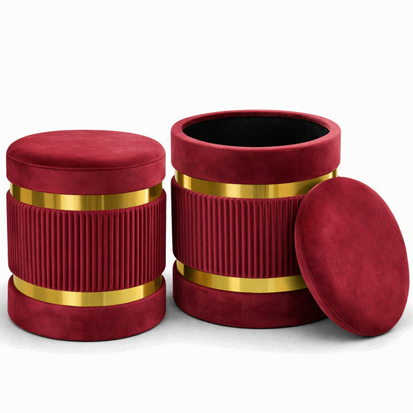 prezzo Set 2 Pouf Contenitore Ø 38x44 cm e Ø 31x38 cm con Rivestimento Velluto Bordeaux