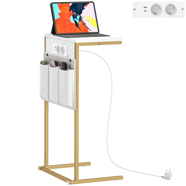 Tavolino da Salotto a Forma di C Piano Effetto Marmo con Prese di Corrente e USB in MDF Bianco acquista