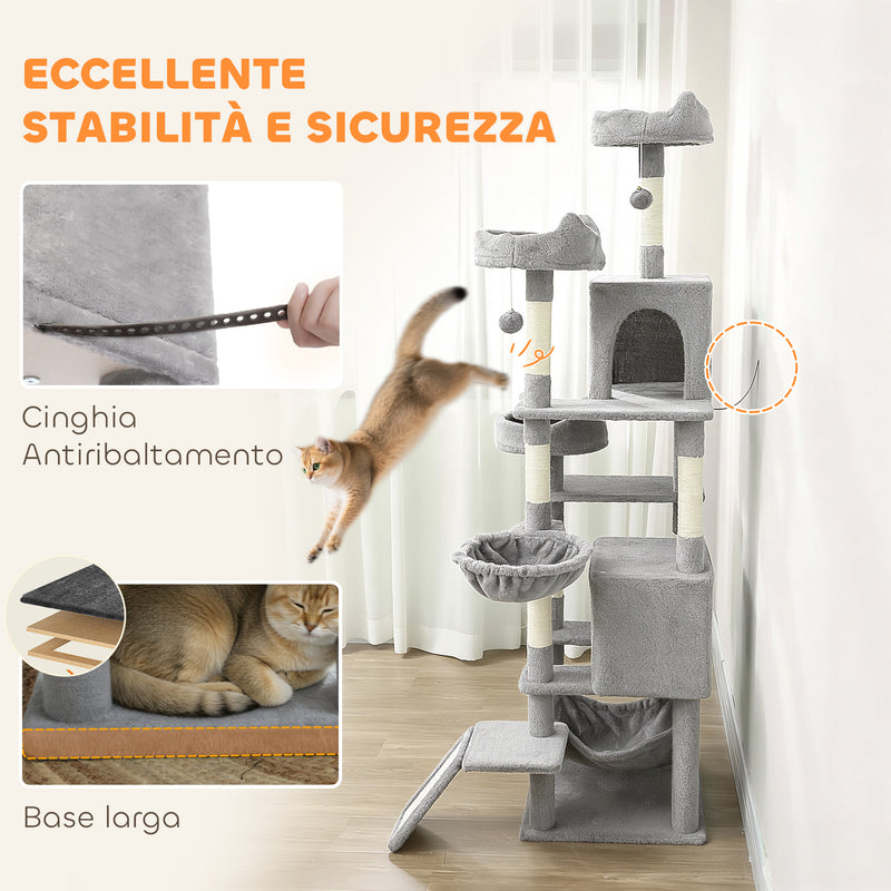 Albero Tiragraffi per Gatti 48x48x192 cm con Amache e Casette in Sisal e Peluche Grigio e Crema      