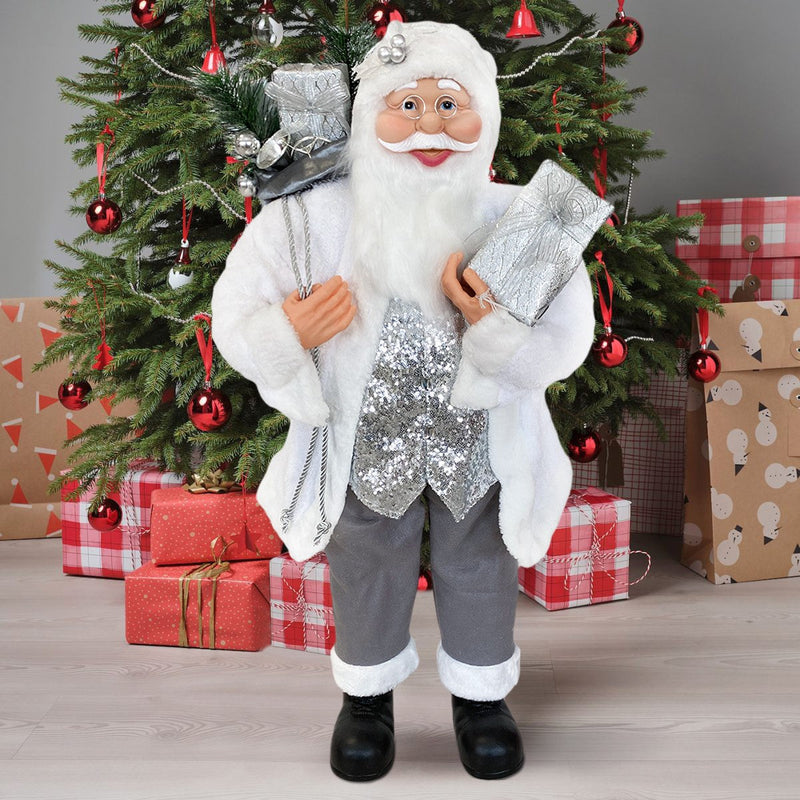 Pupazzo Babbo Natale H110 cm con Luci e Suoni Bianco e Argento