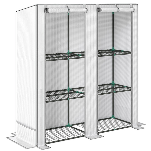 prezzo Serra da Giardino 144x48x142-152 cm con 2 Porte Avvolgibili 3 Ripiani e Tasche Laterali in PE Bianco e Grigio