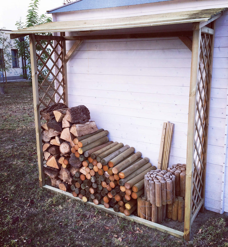 Legnaia da Giardino in Legno 180x70x175 cm con Tetto Taini 