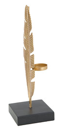Scultura Foglia con Portacandele Glam 10x10x30 cm in Ferro Oro e Nero