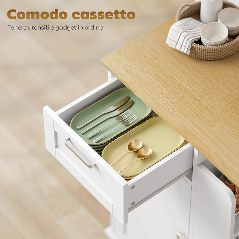 Carrello da Cucina 62x40x87 cm con Cassetto Armadietto Portasciugamani e 3 Portaspezie in Legno Bianco      
