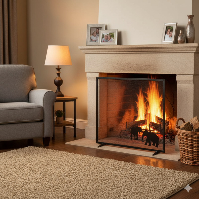 Parascintille per Camino 60x50 cm Decorazione Elefante in Ferro Verniciato Grigio Martellato