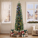 Albero di Natale Slim Ø55x180 cm con 170 Luci LED Bicolore 351 Rami Pigne Bacche Rosse e Telecomando in PVC Verde      