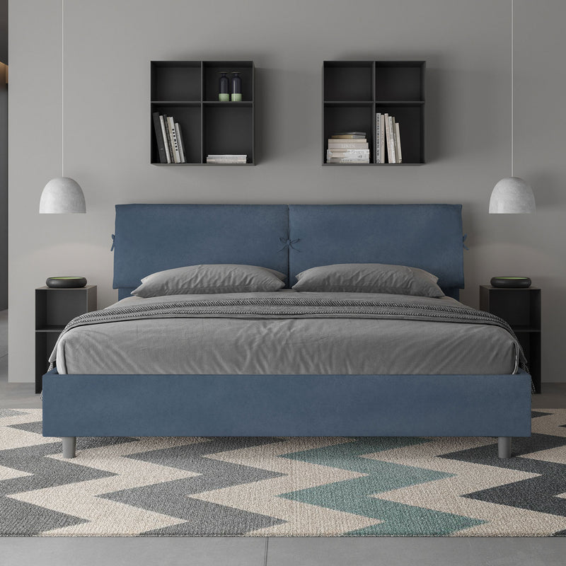 Letto Matrimoniale Testata con Cuscini Imbottito in Microfibra Mados Blu Varie Misure