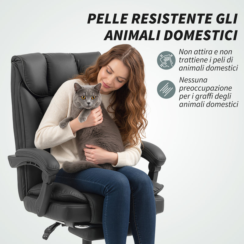Sedia da Ufficio Reclinabile a 155° con Poggiapiedi Doppia Imbottitura e Rivestimento in Finta Pelle Nero      