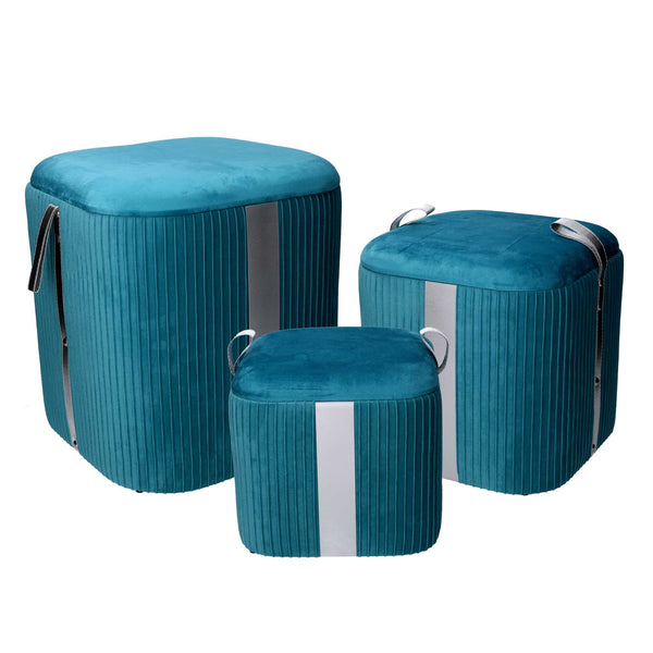 Set 3 Pouf Contenitore in Tessuto Velluto Turchese online