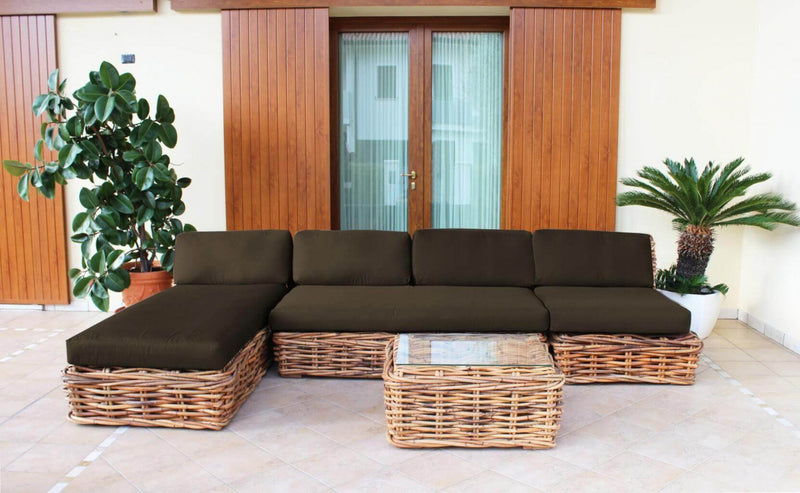Divano Componibile Polinesia con Cuscini 75x185x105 cm in Rattan Marrone