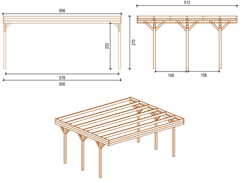 Carpot Box Auto Doppio Senza Copertura 605x512 cm in Legno