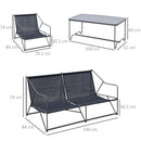Set Salotto da Giardino Divano 2 Poltrone e Tavolino in Metallo e Textilene Grigio