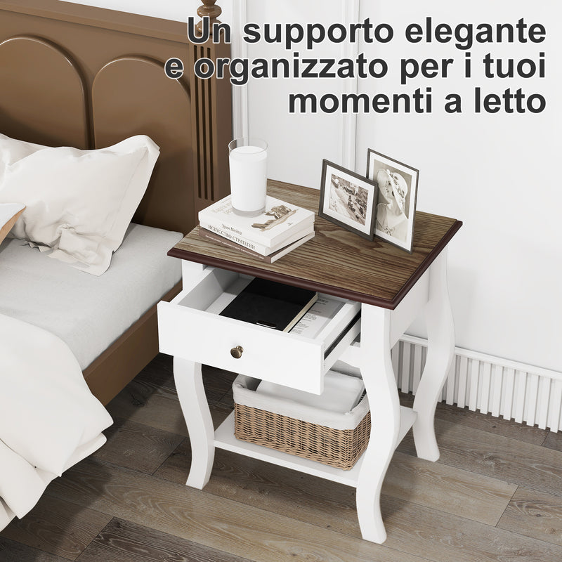 Comodino in Stile Francese con Cassetto 45x35x55 cm in MDF Bianco e Rovere   