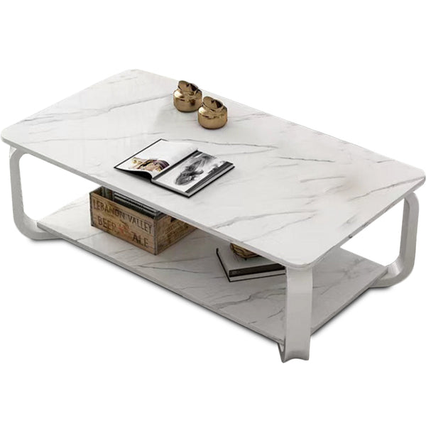 sconto Tavolino Basso da Caffè 100x48x43 cm 2 Livelli Design Luxury Effetto Marmo Bianco