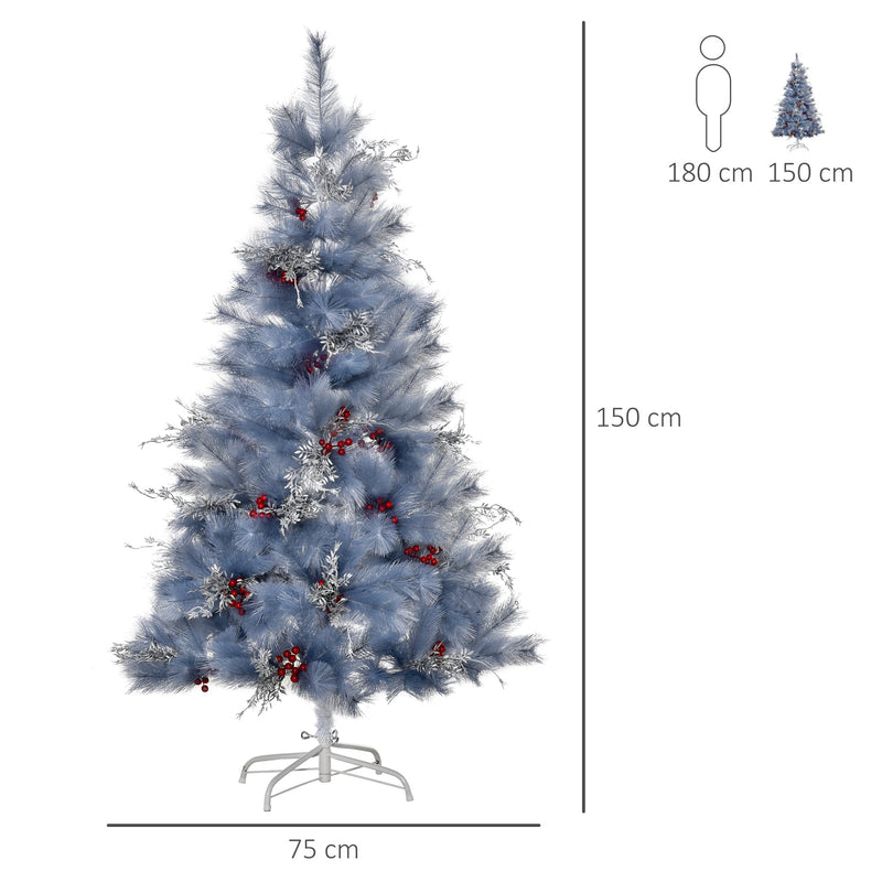 Albero di Natale Artificiale 150 cm 222 Rami con Foglie Argentate e Bacche Rosse