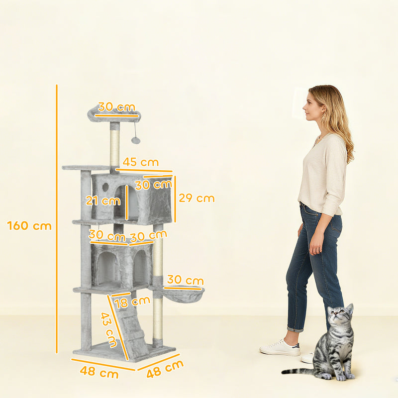Albero Tiragraffi per Gatti Alto 160 cm con 2 Casette Amaca Lettino e Pali in Sisal Grigio      